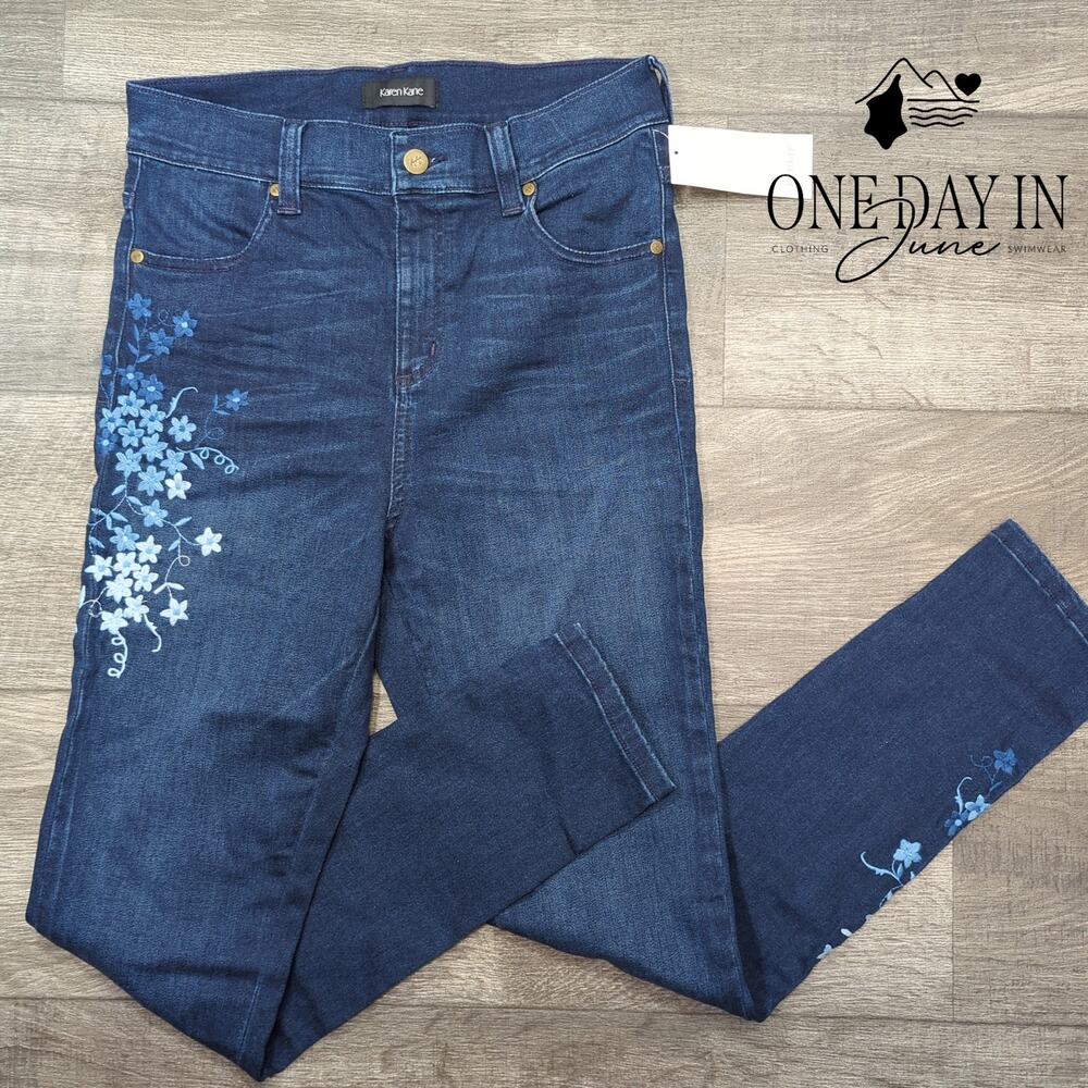 Karen Kane Midnight Sun Floral Embroidered Skinny Jeans Blue NWT Size 10